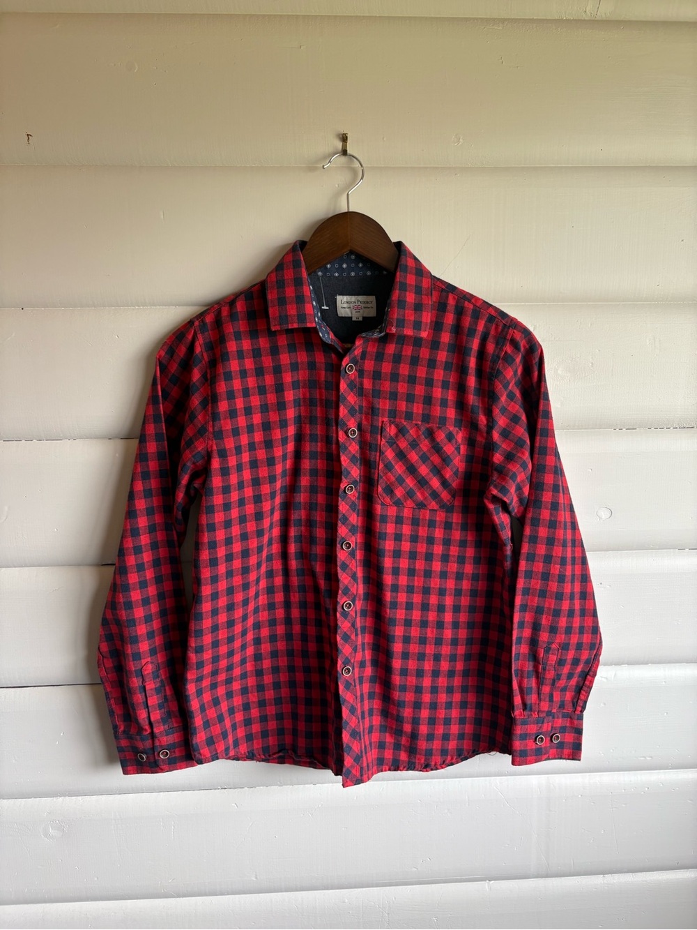 London Prodigy Boys Red Black Buffalo Plaid Flannel Shirt Size 14